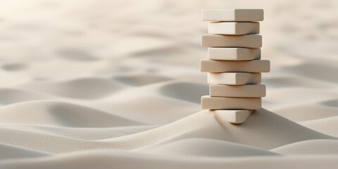 Poster - A stack of wooden blocks rests on a sandy surface, symbolizing stability and balance amidst a smooth, flowing landscape.