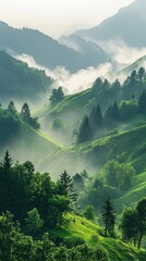 Poster - A lush green forest with trees and hills in the background