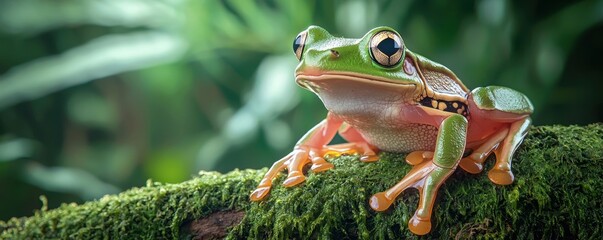 Environmental consideration concept for sustainable living. Vibrant frog perched on a mossy log in a lush green environment