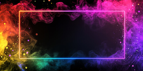 Poster - Neon glowing frame and a black background, colorful smoke sparse around the empty black space, with bokeh and sequins. Colorful background.