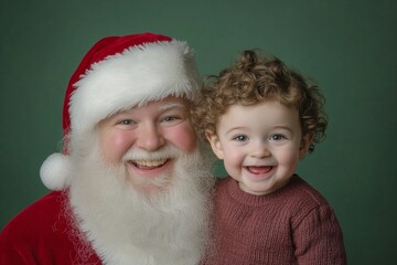 Wall Mural - Jolly yule, stunning toddler boy! copyspace. Isolated white toddler boy in christmas lap on green background. Santa lap green. Santa claus cute christmas theme. Santa claus cute holiday them.