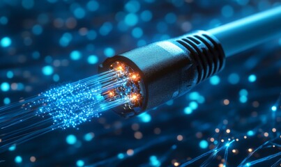 Blue fiber optic cable with glowing end light, fiber optic, cable, blue, technology, data, communication, connection