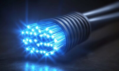 Blue fiber optic cable with glowing end light, fiber optic, cable, blue, technology, data, communication, connection