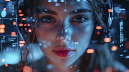 Poster - Close up of woman with headset, digital interface overlay, focused expression, technology theme, futuristic look, bright eyes, data visualization, modern aesthetics, cyber environment