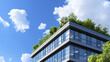 © nuttachet chinavong - Eco friendly office building with green roof and blue sky. This modern architecture features large windows and lush vegetation, promoting sustainability and healthy environment