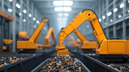 Poster - A high-tech industrial scene featuring robotic arms sorting materials in a factory setting, showcasing automation and efficiency in manufacturing.