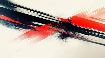 Poster - Dynamic Digital Ink Painting with Red and Black Brush Strokes, Motion Blur, and Speed Lines Against a Light Gray Background. Minimalist Japanese Calligraphy Inspired Design.