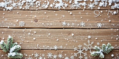 Wall Mural - Snow covered old wood texture background with a firtree in the corner, holiday, tranquil, snowy