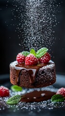 Wall Mural - Delicious Chocolate Cake with Raspberries and Mint Leaves Decoration