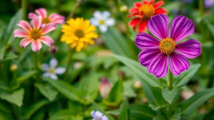 Wall Mural - Vibrant purple flower petals and leaves in a lush garden setting, outdoors, garden, blooming