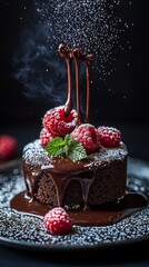 Wall Mural - Decadent Chocolate Cake with Raspberries and Mint Garnish