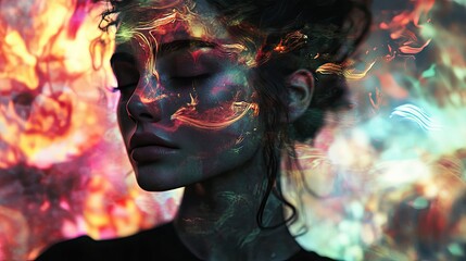 Serene woman engulfed in vibrant, swirling smoke.