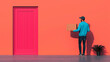 © Supapich - delivery person holding package near colorful door and plant
