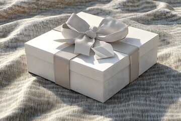 Wall Mural - A beautifully wrapped gift box with a bow on a textured fabric surface.