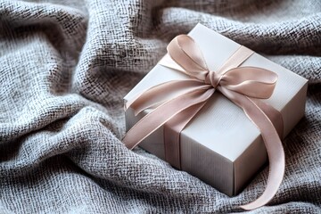 Wall Mural - A beautifully wrapped gift box with a ribbon, resting on a textured fabric background.