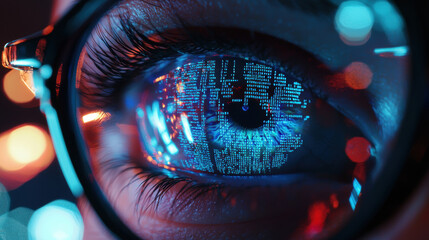 Poster - detailed macro photograph of eye reflecting digital data and lights, showcasing technology and emotion