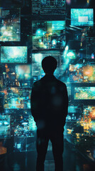 Poster - Young man standing futuristic digital library, surrounded by screens displaying data and visuals, evoking sense of wonder and