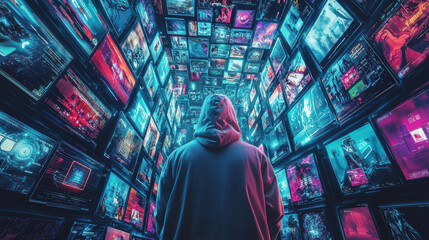 Poster - captivating perspective of man in hoodie surrounded by vibrant digital art displays, evoking sense of wonder and exploration