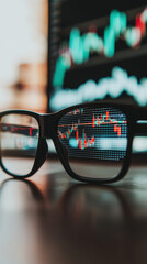 Poster - Close up of glasses reflecting stock market data on screen, showcasing vibrant colors and intricate details
