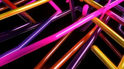 Poster - Vibrant, abstract composition of neon-like tubes in various colors, intersecting and forming intricate patterns against a dark background