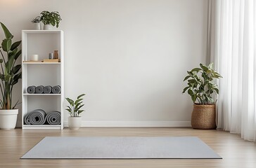 A clean and minimal background with a simple wall and an empty space for text, perfect for displaying a yoga mat