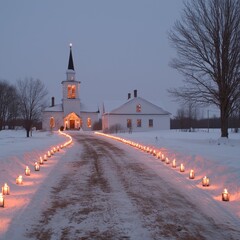 Wall Mural - Snowy church pathway lit by candles at dusk.