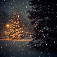 Wall Mural - Snowy Night Scene with Illuminated Christmas Tree