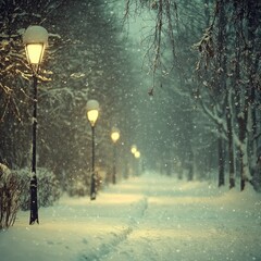 Wall Mural - Snowy Pathway with Illuminated Streetlights at Night