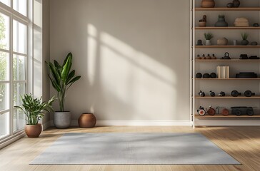 A clean and minimalistic wall with an empty space for text, ideal for showcasing a yoga mat product mockup