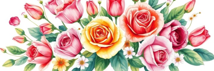 Wall Mural - Watercolor illustration of a colorful bouquet of flowers including roses, daisies, and tulips, roses, design, bloom