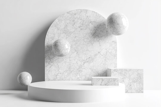 white background with spheres and a marble podium for product presentation