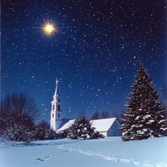 Wall Mural - Winter Church Scene Under Starlit Sky