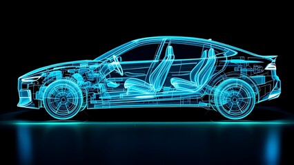 Blue hologram ordinary car, car structure, side view, black background