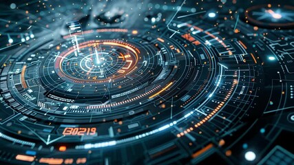 Poster - futuristic hud interface displays rotating data visualization with digital numbers, light particles,