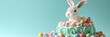 © AI - Fluffy Easter bunny cake with a swirl of pastel icing and candy eggs on a light turquoise background