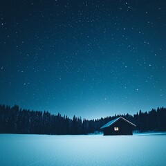 Wall Mural - Cozy cabin under a starry winter night sky.