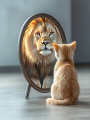 A small kitten sits with its back to the camera, in front of a large mirror, in the reflection of the mirror you can see a mighty lion