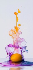 Poster - Colorful ink drops are splashing on a yellow sphere, creating abstract and vibrant shapes against a white background, making a visually captivating display of color and motion