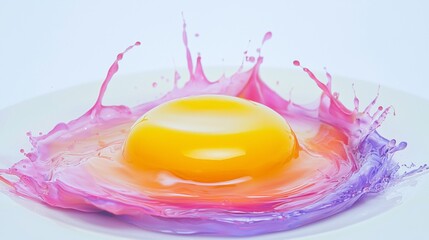 Poster - Egg yolk splashing vibrantly into colorful milk creates a surreal visual on a pristine white plate, blending dynamic motion with abstract artistry in a captivating display