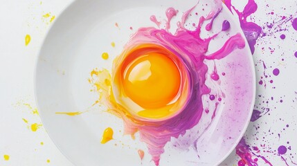 Poster - Bright yellow egg yolk resting on a white plate, surrounded by vibrant splashes of colorful paint, creates a lively and artistic composition full of energy and creativity