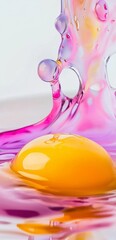 Poster - Egg yolk sits in a pool of vibrant, colorful liquid, with a splash of the same liquid rising above it, creating an abstract and visually appealing scene
