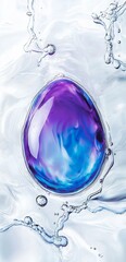 Poster - Purple and blue easter egg dropping into water, creating a vibrant splash and ripples, with bubbles and reflections dancing on the surface, capturing a festive springtime essence