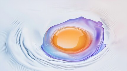 Poster - Abstract image featuring an orange and purple paint drop creating ripples in a viscous, glossy liquid, showcasing a mesmerizing blend of colors and textures