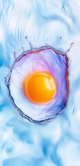 Poster - Creating a dynamic splash of vibrant colors, an egg yolk merges with a viscous blue liquid, producing mesmerizing ripples and an eye-catching visual that captivates the viewer