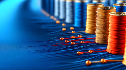 Poster - A visually striking arrangement of colorful spools and beads on a vibrant blue surface, showcasing a blend of craft and creativity