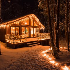 Wall Mural - Illuminated cabin in snowy woods at night.