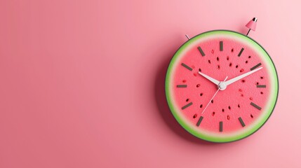 Poster - Watermelon-shaped clock displaying time against a vibrant pink background, capturing the essence of summer, freshness, and a healthy lifestyle filled with joy and vitality