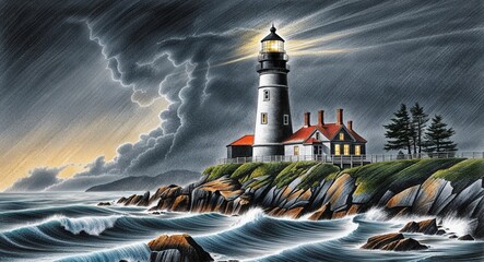 Wall Mural - A dramatic lighthouse standing tall on a cliff during a stormy night hand drawing