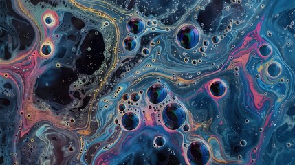 Wall Mural - Cosmic fluid with bubbles in dark blue and pink. Abstract universe