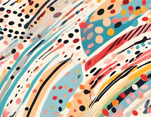 Wall Mural - Multicolored curved checkered lines and confetti, polka dots, striped pattern on a light background